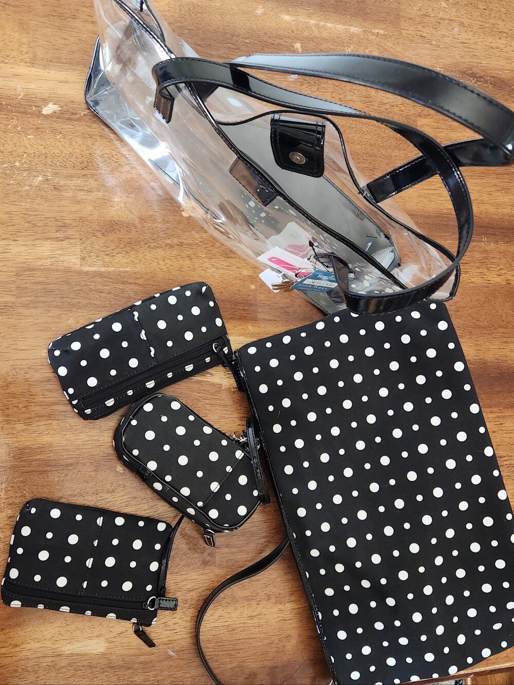 Nine West Clear Tote With Polka Dot Tote Bag insert 5 Pc Set NWT